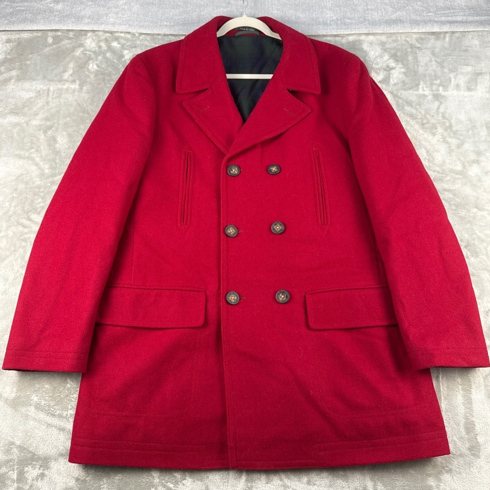 Lauren Ralph Lauren Pea Coat Mens 42R Double Breasted Red Wool Blend EUC